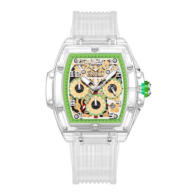 Orologio da uomo con nastro impermeabile al quarzo in plastica ONOLA/Orona con design a botte di vino trasparente_voghion.com