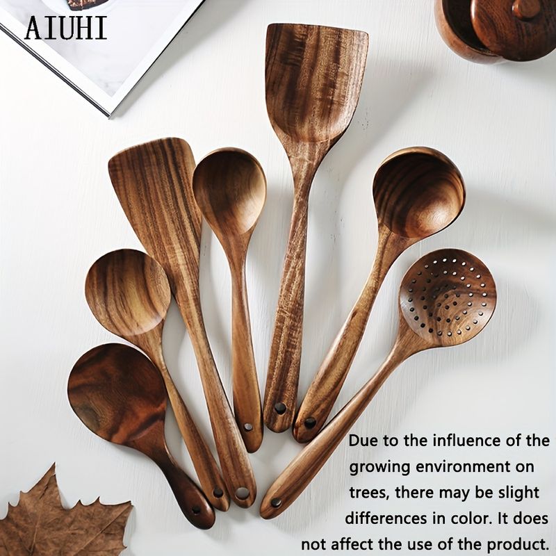 7pcs Natural Teak Wooden Spoons for Cooking - Non-Stick Spatula Set with Comfortable Grip - Perfect for Back to School Supplies_voghion.com