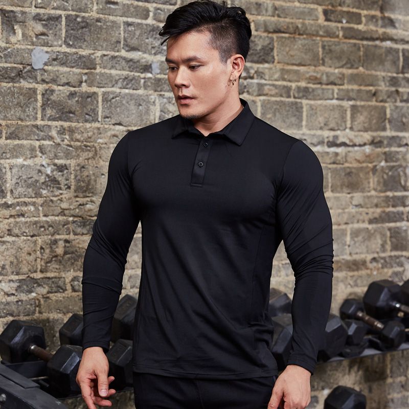 Cămăși polo subțiri de antrenament de vară pentru bărbați Colanți cu elastic înalt cu uscare rapidă Tricou cu revere cu mânecă lungă Fiess Trainer_voghion.com