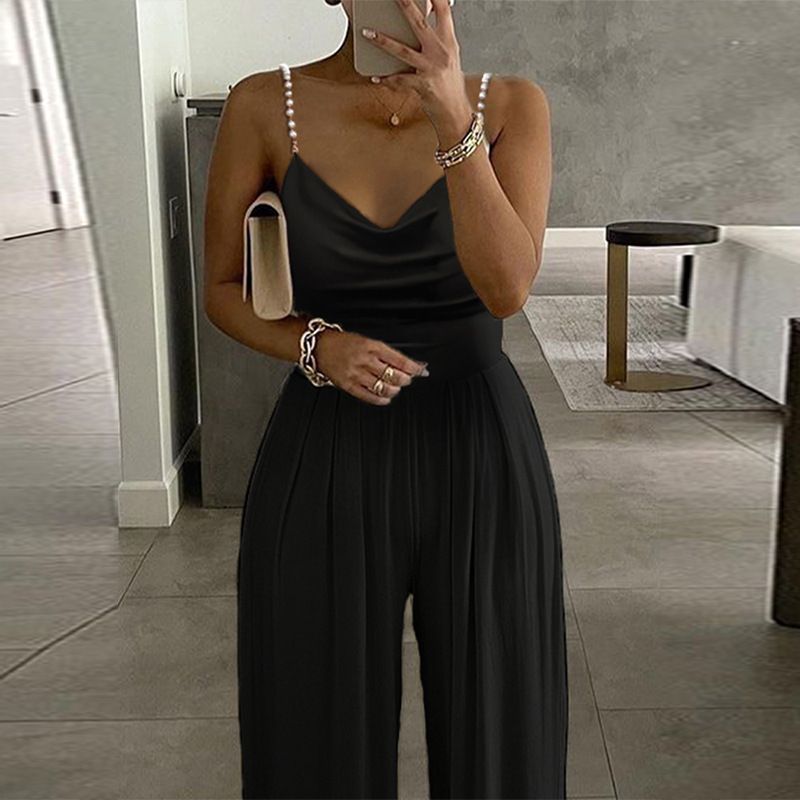 Combinaison pantalon sans manches à bretelles en perles pour femmes, jambes larges, col en v, dos nu_voghion.com