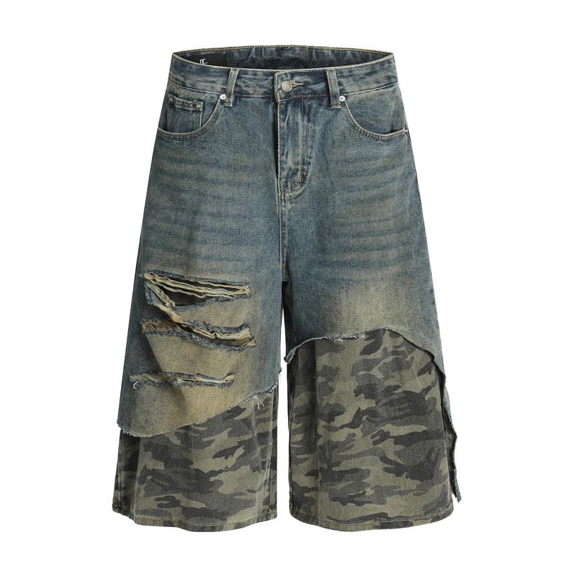 Jeans tre quarti mimetici con cuciture rovinate, stile Wasteland, da uomo, pantaloncini estivi da uomo in due pezzi con bordi grezzi lavati_voghion.com