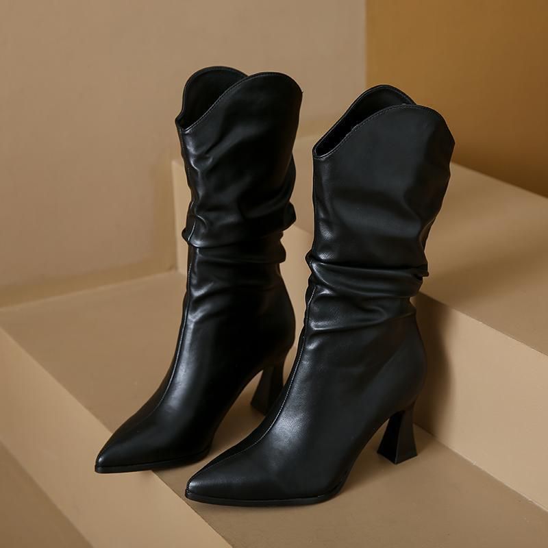 Pile up for Women 2024 New Fashionable Winter Style Leather Surface Coarse Heel Pointed Western Low Short High End Boots_voghion.com