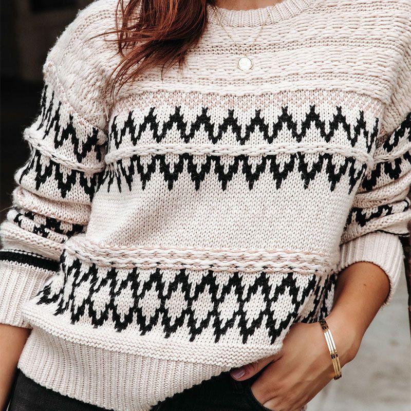 Women's clothing women's retro diamond pattern sweater fashion large size round neck sweater for women_voghion.com