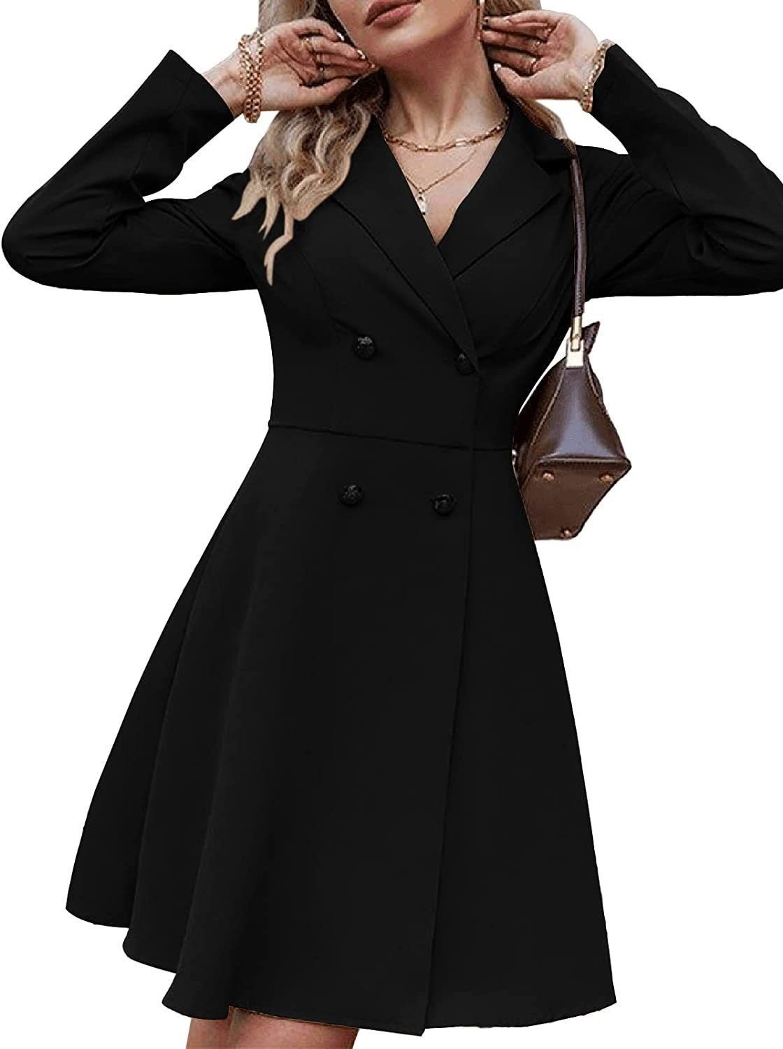 Elegant Women's Blazer Jacket - Slim Fit Mid-Length Office Coat With Notched Lapel, Double Breasted Button Closure, Long Sleeve, Polyester Blend_voghion.com