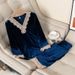 Underwear & Sleepwears Velvet Lace Trim Women's Winter Pajama Set - Soft Flannel Long Sleeve & Pants For Home & Outwear (Grey, Blue, Wine, Pink)_voghion.com
