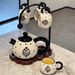 French Vintage Ceramic Tea Set With Tray – Floral & Polka Dot Design, 1 Teapot & 4 Cups, Perfect For Gifting & Home Decor_voghion.com