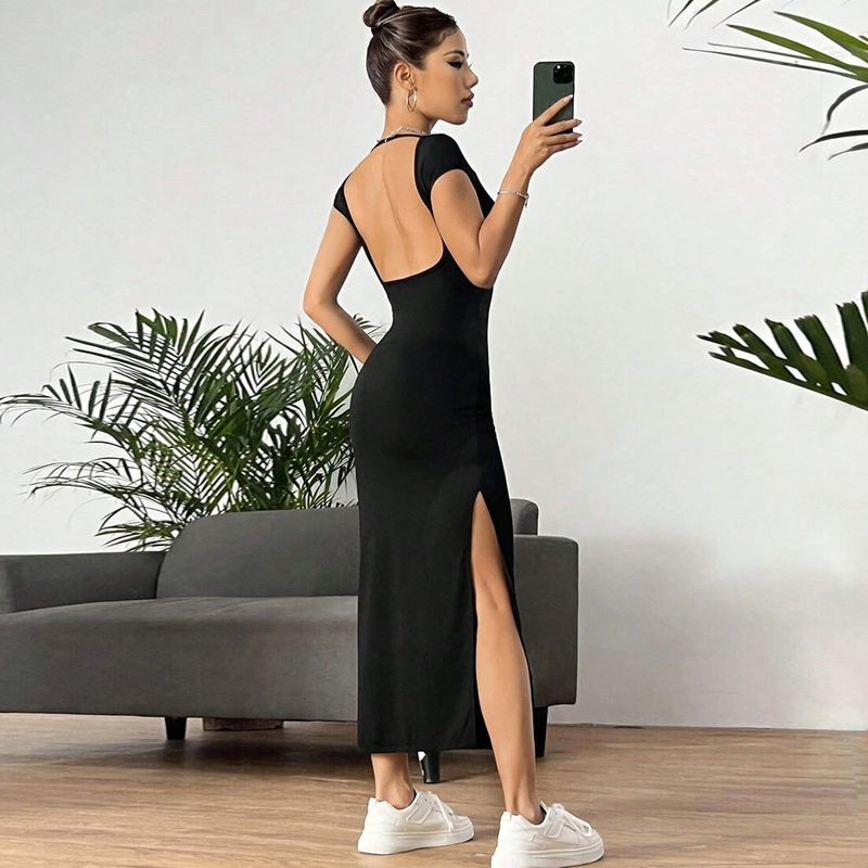 Robe mi-longue trapèze élégante en tricot sans manches pour femme, taille moyenne, nouvelle collection été_voghion.com