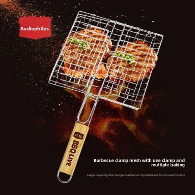 Enthusiast Home Use Four Burger Wooden Handle Manual Grill Food Grade Clip Net Chicken Wings Ribs Seafood Vegetables_voghion.com