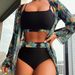 2025 New Maple Leaf Print Long Sleeve Patchwork Bikini Three-Piece Set High Waist Swimsuit For Women_voghion.com