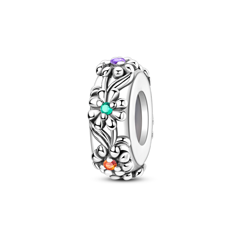 Multi-Color Daisy Plug-Style Lobe Support Clip Charm, Genuine Sterling Silver Beads Charm_voghion.com