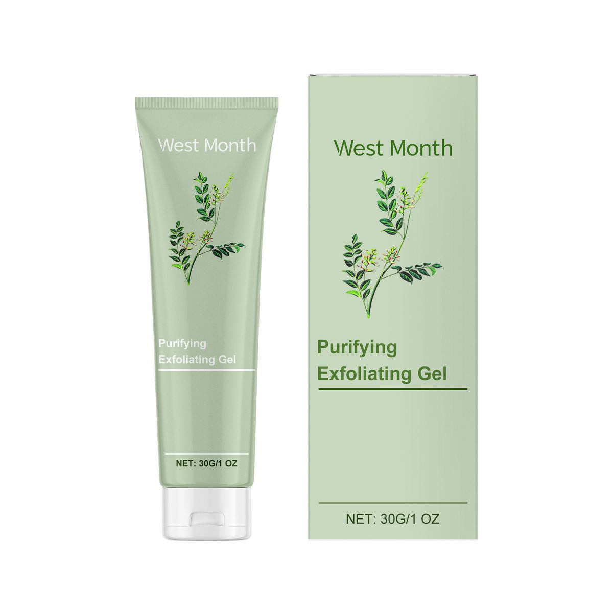 Gel exfoliante purificante WEST MONTH que mejora la piel opaca, seca, limpia profundamente los poros, ilumina y reafirma._voghion.com