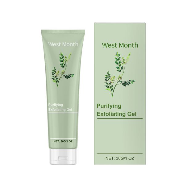 Gel exfoliante purificante WEST MONTH que mejora la piel opaca, seca, limpia profundamente los poros, ilumina y reafirma._voghion.com