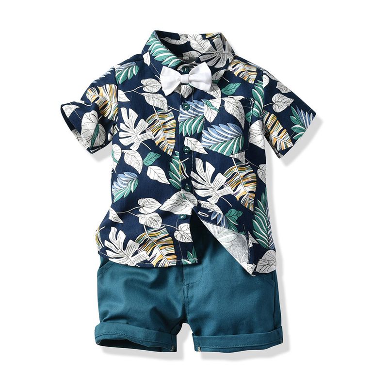 Kinderbekleidung Jungenrevers bedruckte Blätter Kurzarmhemden Shorts Kinderanzüge Sommer_voghion.com