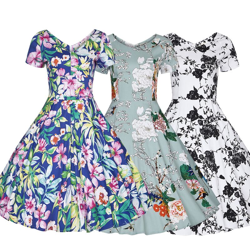 Hepburn-Stil Kuerzärmel V-Ausschnëtt Bedréckt Elegant Grousssaum Reng Kotteng Mëttellängt Klengt Kleed_voghion.com