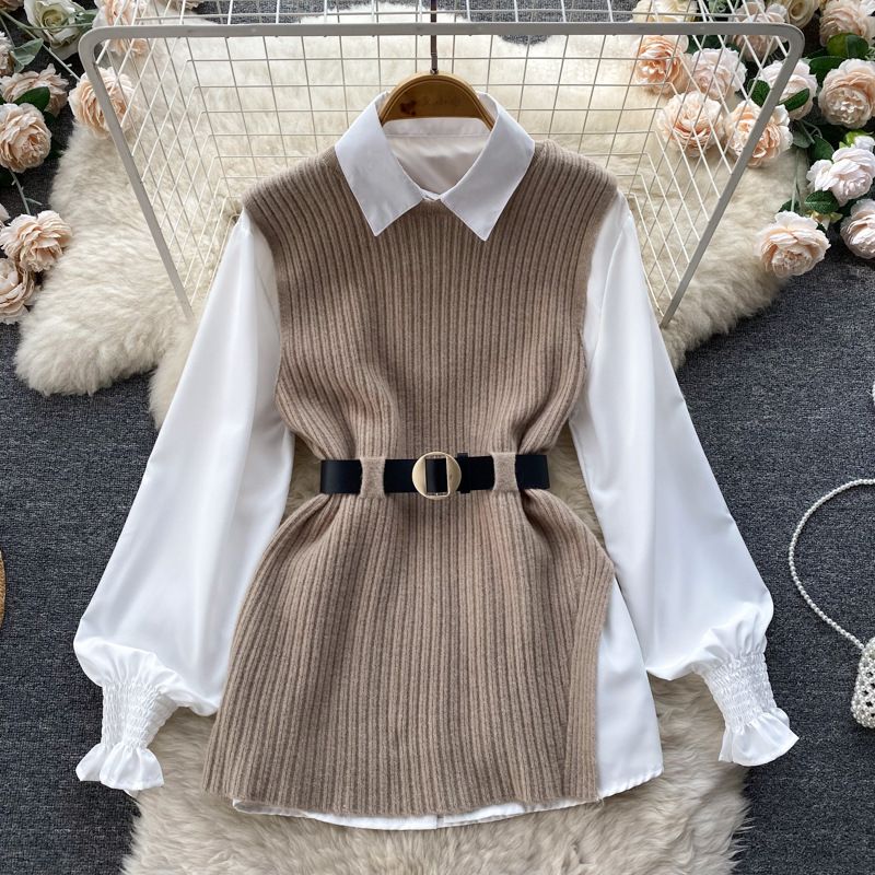 Zweiteiliges Set aus lockerem, langärmligem, weißem Hemdoberteil + geteilter Strickweste für Damen_voghion.com