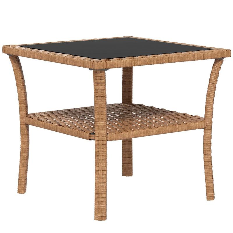 Outsunny Rattan Side Table, Outdoor End Table With Storage Shelf, Aluminum Frame Square, Coffee Table With Tempered Glass Top, Sand_voghion.com