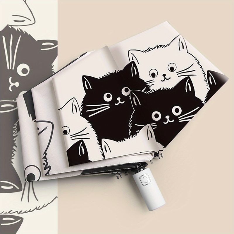 Simple Cartoon Kittens Printed Black And White Automatic Umbrella, Sunny And Rainy Dual-use UV Protection Umbrella, Thickened And ReinforcedFrame_voghion.com