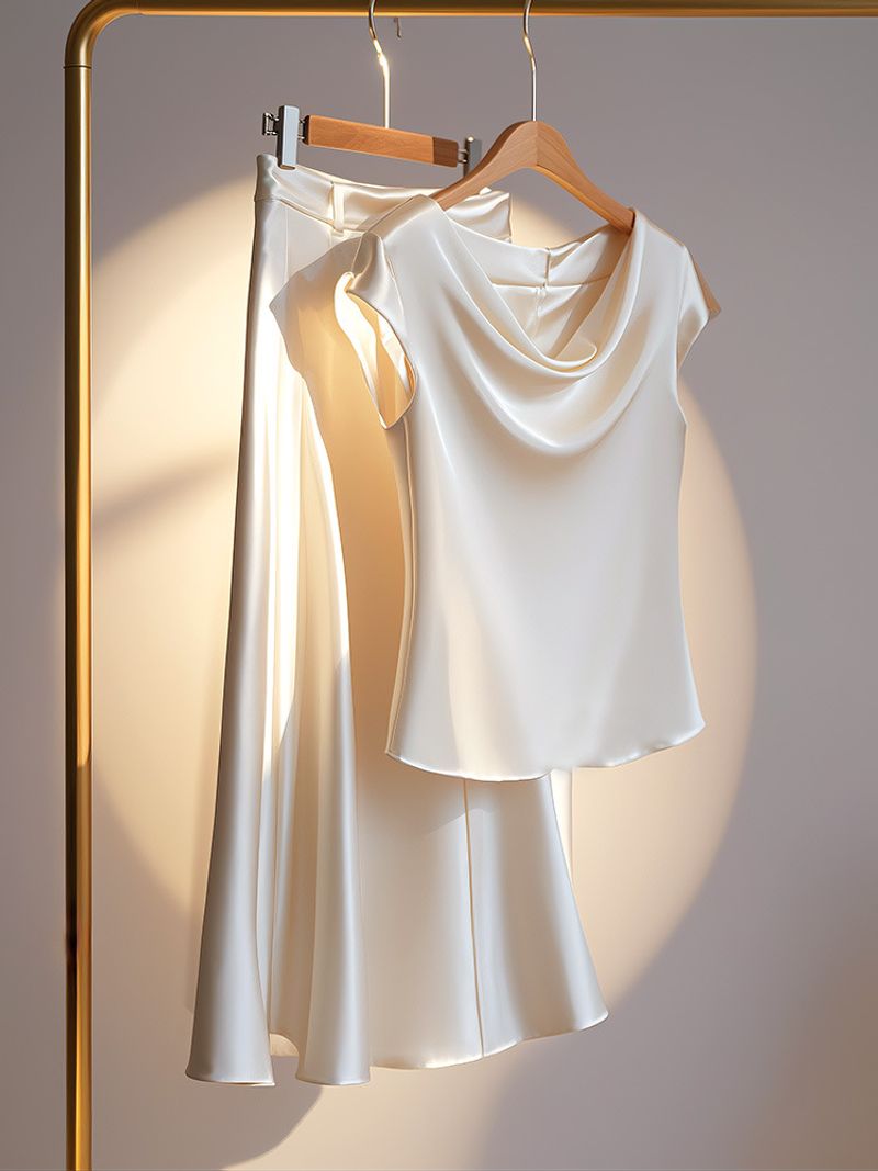Vêtements pour femmes Petit costume de mode grand style célébrité petit parfum haut en satin abricot jupe costume deux pièces_voghion.com