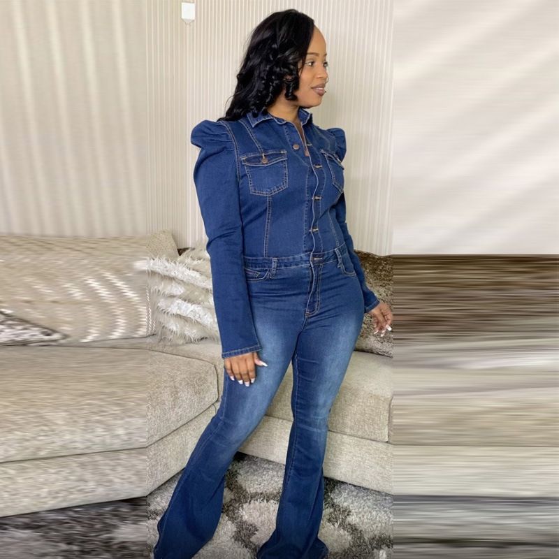 Cross Border Denim Washed Fashion Casual Slim Jumpsuit Large Size Women's Jumpsuit_voghion.com