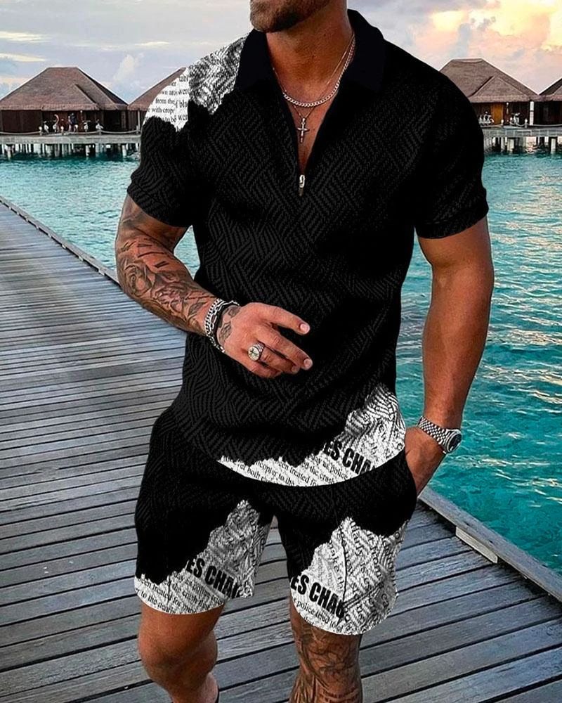 2-teiliges Herren-Set mit rotem Punktmuster, trendigem, bequemem Poloshirt mit Reißverschluss und einfarbigen Shorts mit Kordelzug am Bund_voghion.com