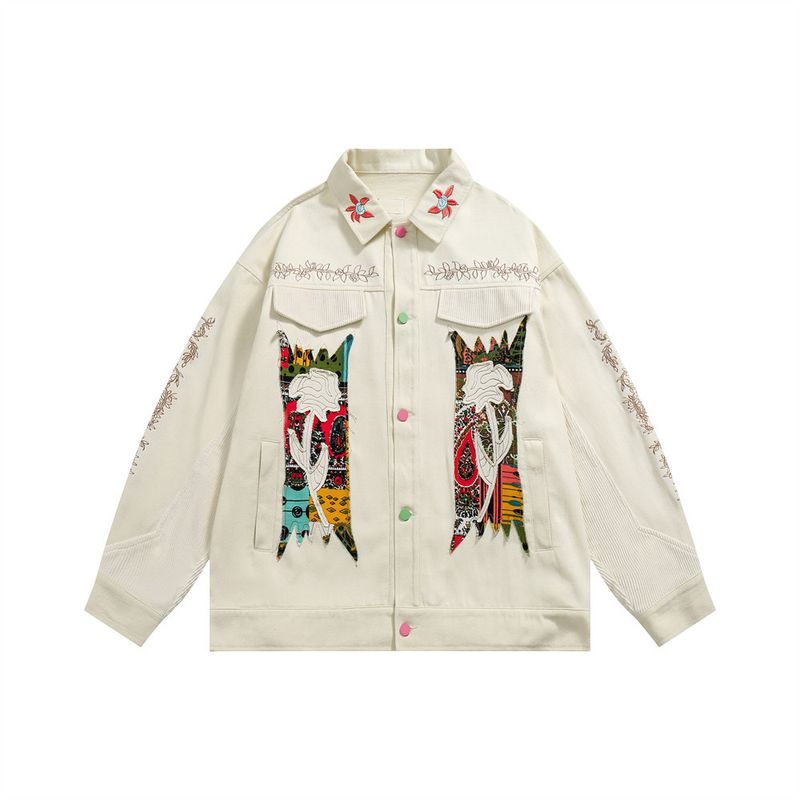"Men's Distressed Denim Jacket With Floral Embroidery & Patchwork - Loose Fit Punk Style Streetwear For Casual Wear"_voghion.com