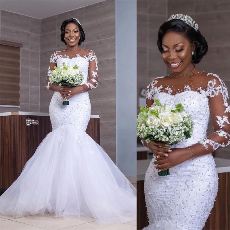 Abbigliamento donna Abito da sposa nuovo pizzo girocollo manica lunga sirena sottile sposa abito da sposa pezzo unico consegna_voghion.com