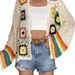 Boho Gehäkelter Regenbogen Cardigan - Handgemachter Spitzenstrickpullover mit Farbblock-Design, Langarm offener Front Oversized Pullover für Frauen_voghion.com