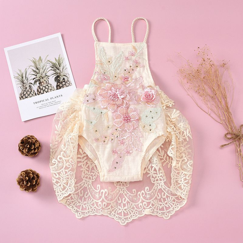 Mother & Kids Elegant Baby Girl's Lace Romper With Flutter Sleeves Embroidered Detailing & Pearl Accents – Breathable Mesh Design (Violet/Pink)​_voghion.com