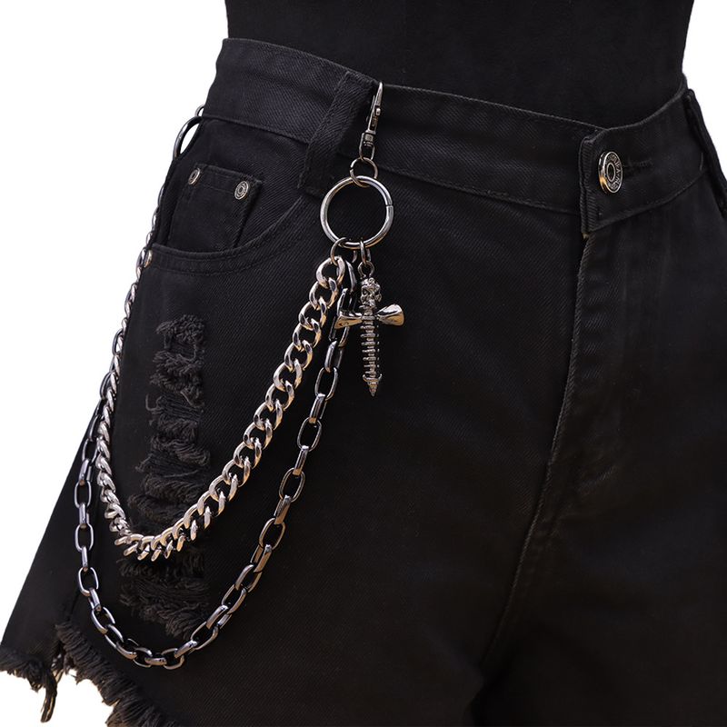 Fashionable Dark Style Double-layer Metal Pants Chain, Personalized Skull Cross, Screw Pendant, Denim Accessory_voghion.com