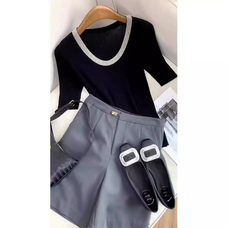 Women's Clothing professional casual tea style outfit a complete set of black tops and shorts two piece suits for women in summer_voghion.com