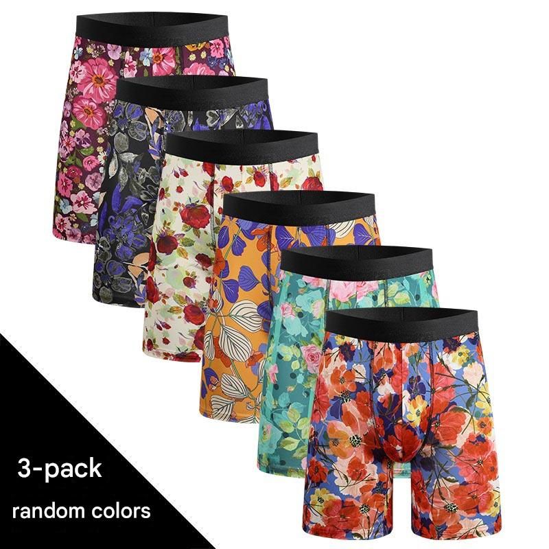 NOKO - Pack de 3 calzoncillos bóxer elásticos de seda helada para hombre, tallas europeas y americanas, transpirables, con perneras alargadas y estampados._voghion.com