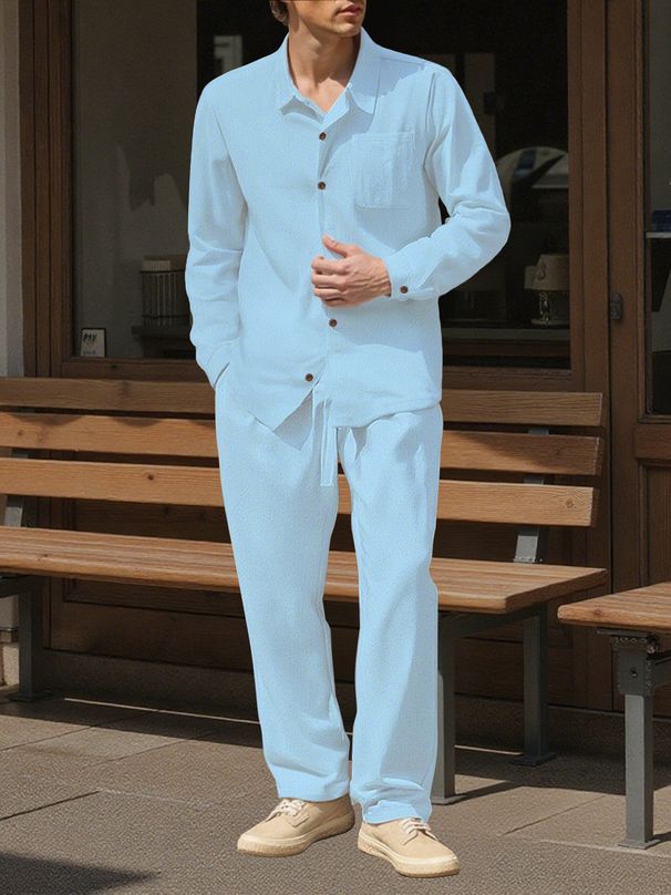 Men's Autumn Casual Single Breasted Lapel Linen Shirt Cardigan Long Sleeved Trousers Suit_voghion.com
