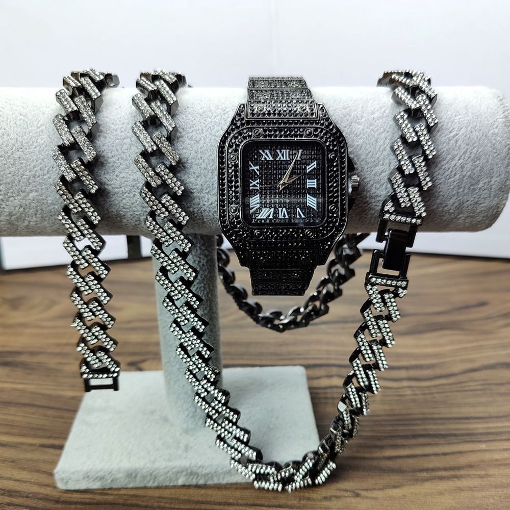 Hip Hop Uhr Halskette Set Kubanisches Armband Herrenuhr Set_voghion.com