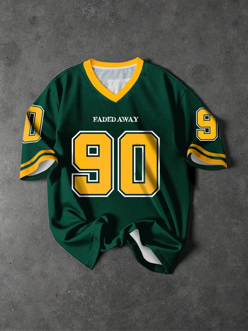 Men's Clothing Y2K New Retro No.90 Men's Printed T Shirt V Neck Short Sleeve Football Sports Shirt Large Loose Short Sleeve Unisex_voghion.com
