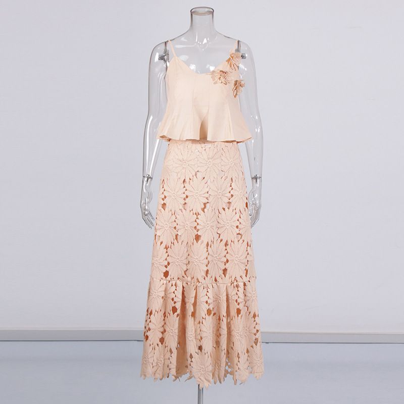 Women's Clothing Spring Sling Ruffle Design Three Dimensional Flower Skirt Suit_voghion.com