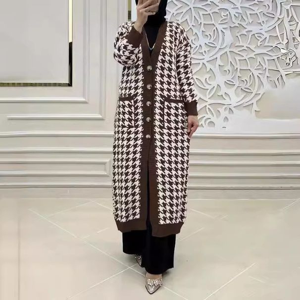Elegant Houndstooth Long Cardigan For Women – Modest Muslim Abaya Coat, Polyester Blend Open Front Knit Sweater With Pockets, Plus Size Friendly_voghion.com