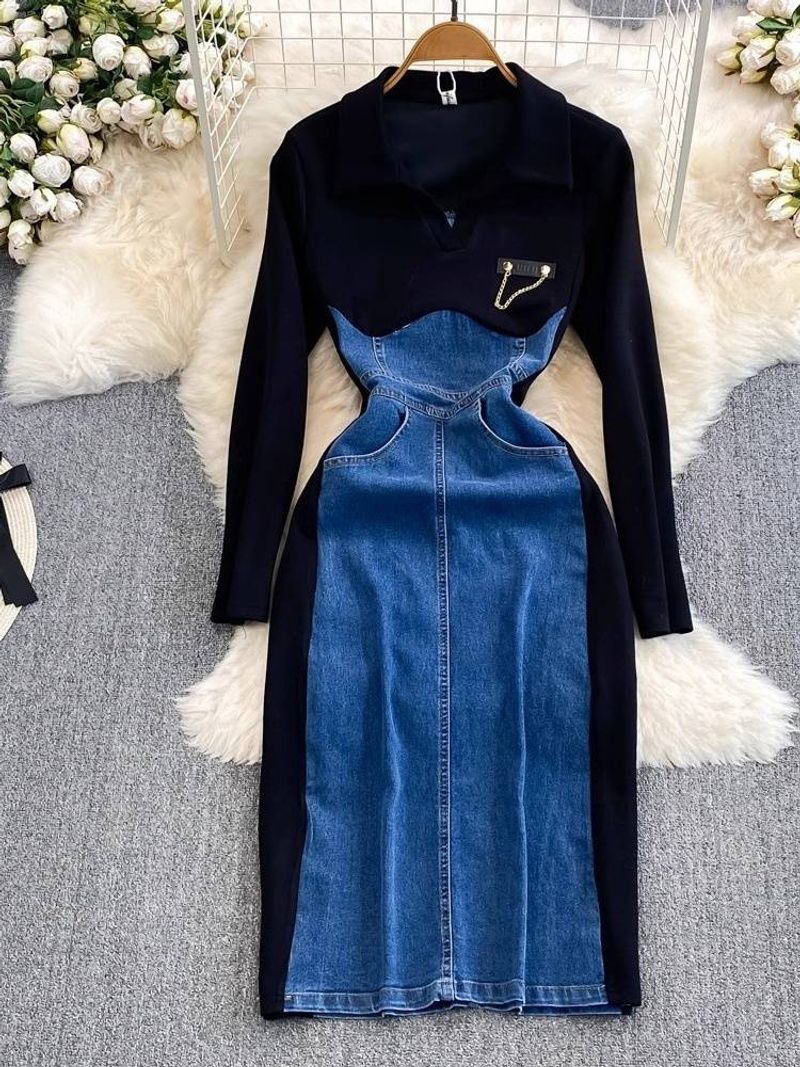 Roupas femininas temperamento manga longa decote em v cintura slim denim patchwork vestido de quadril médio e longo_voghion.com