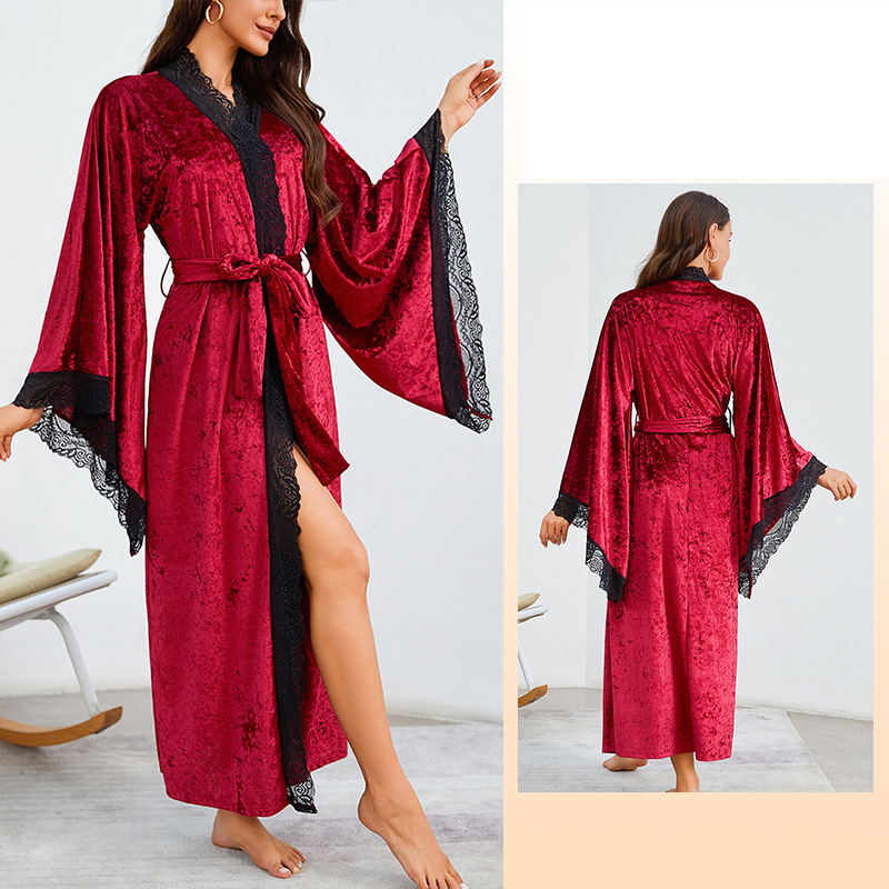 Ropa de dormir para mujer, bata de baño larga, sexy, de encaje, ligera, de lujo, de manga larga, de terciopelo, camisón, bata de baño, ropa para el hogar_voghion.com