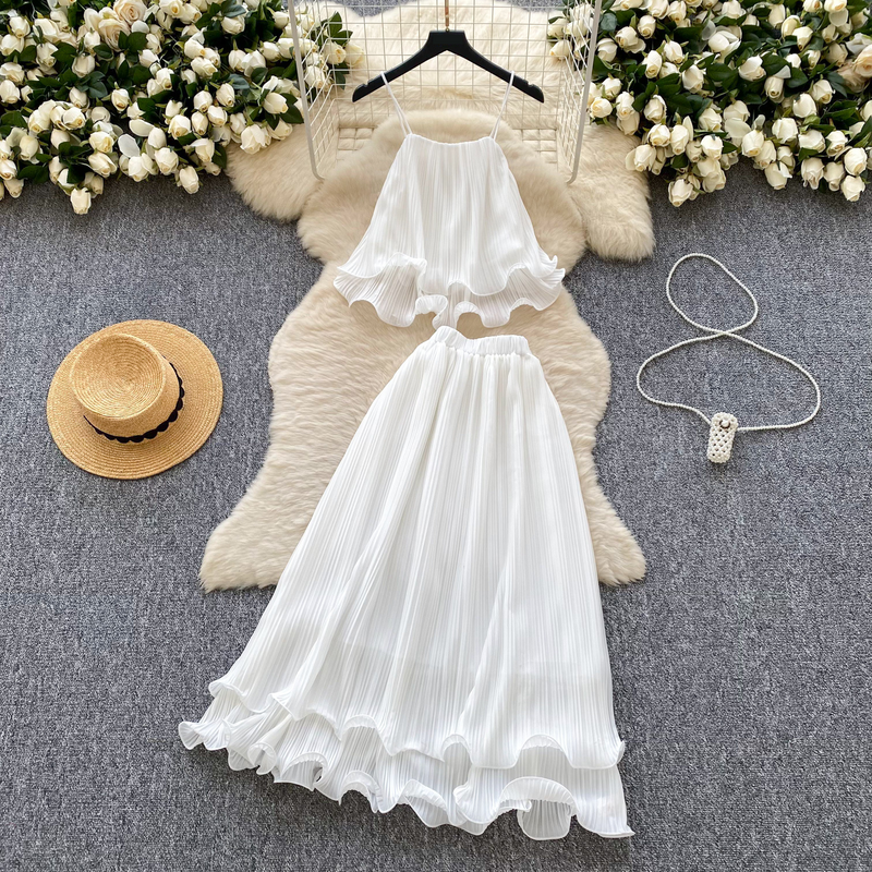 Women’s Clothing Fairy Holiday Set New French Gentle Style Suspender Top + High Waist Ruffle Pleated Skirt_voghion.com