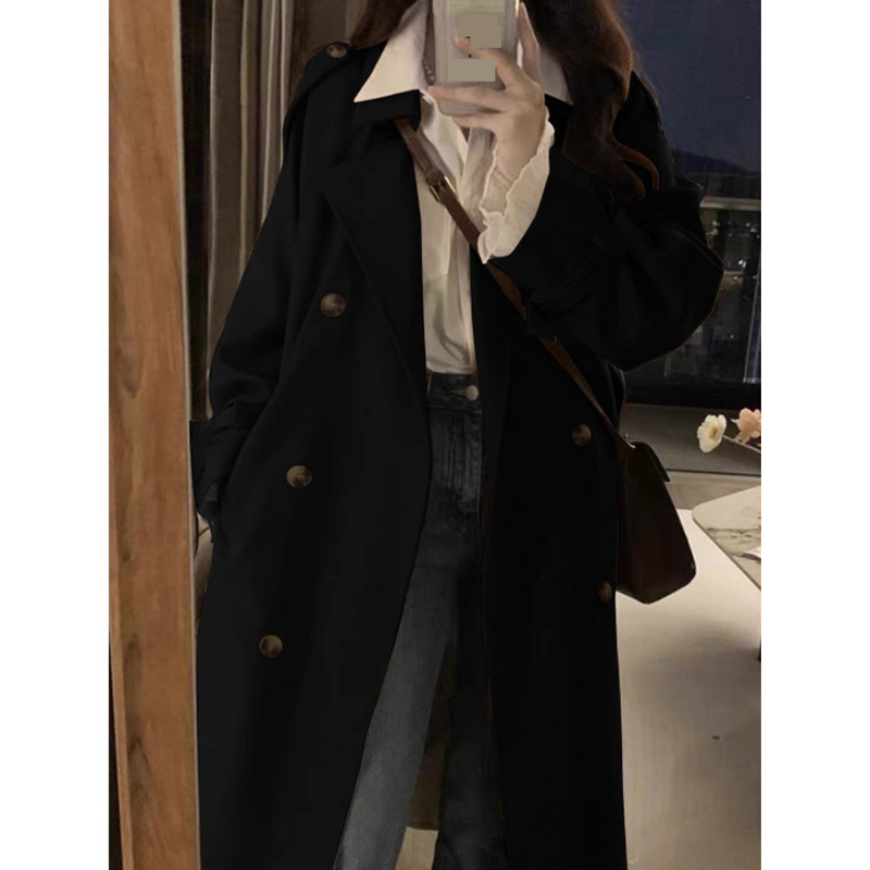 ​Damen-Trenchcoat – Übergroßer langer Mantel mit Prinzessärmeln, zweireihiger Knopfleiste, Khaki/Schwarz, Petite & Plus Size Friendly_voghion.com