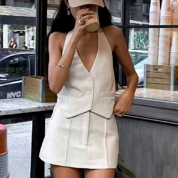 Conjunto de chaqueta y falda acampanada para mujer, sexy, con bolsillos, estilo chaleco halter, versátil, para verano_voghion.com