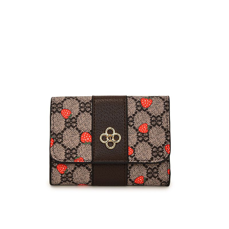 Geldbörse für Damentaschen mit Erdbeer-Prints, dunkler Retro-Stil, leicht zu verstauen, vielseitige Geldbörse, dreifach faltbarer Kartenhalter_voghion.com