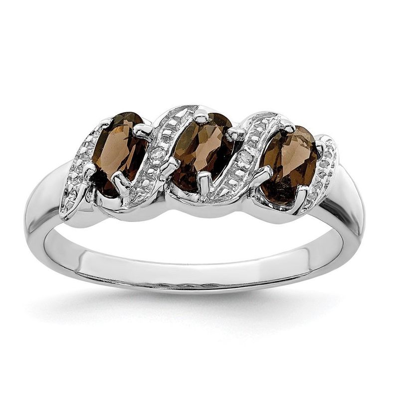Sterling Silver Rhodium 3 Stone Smoky Quartz & Diamond Ring_voghion.com