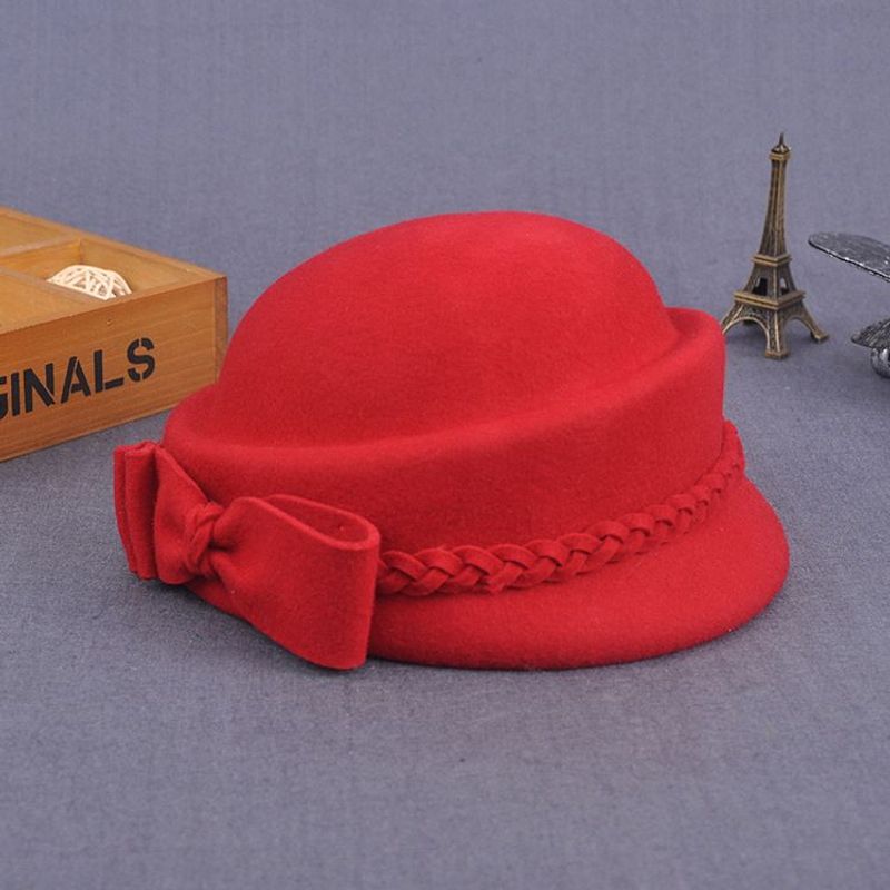England Hundred Hobbies Bow Beret Women Autumn and Winter Retro Woolen Tweed Braid Cocked Hat Elegant Stewardess Hat Tweed Hat_voghion.com