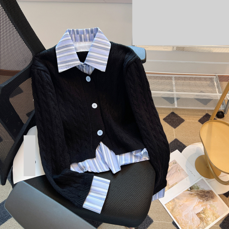 Roupas femininas Camisa listrada Suéter com decote em V com design de outono e inverno para mulheres Jaqueta de malha pequena_voghion.com
