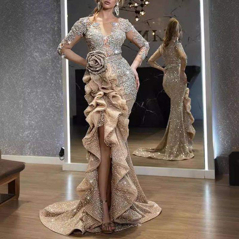 Sexy Gold Bling Nacht Sogar Bankett Kleid Langarm Spitze Falte Frau Elegante Pailletten Prom Abend Party Kleider Für Frauen_voghion.com