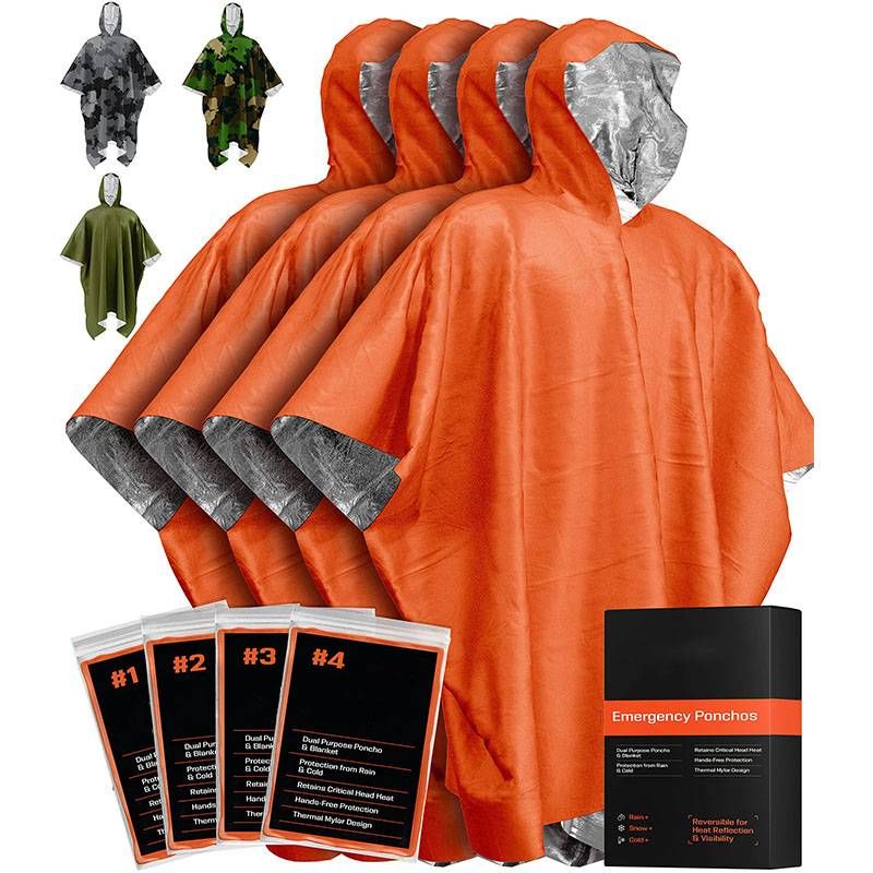 Poncho de emergencia con forro de manta Mylar: impermeable y resistente al viento, ideal para acampar y emergencias._voghion.com