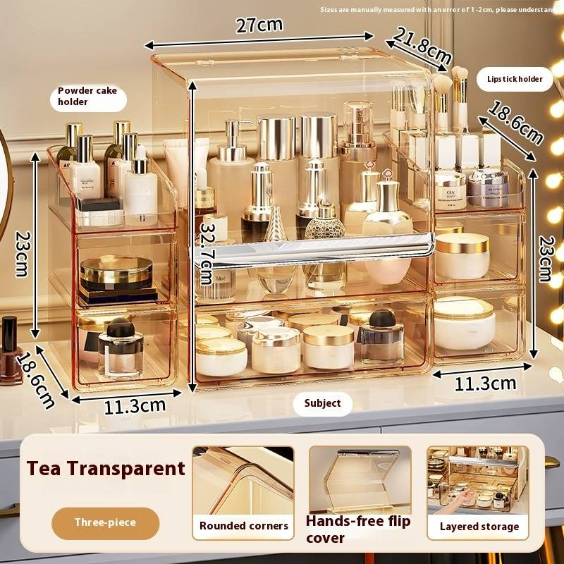 Organisateur de maquillage de luxe – Boîte de rangement transparente à 3 niveaux en PET avec couvercle anti-poussière et séparateurs (capacité de 12 L, empilable, incassable)_voghion.com