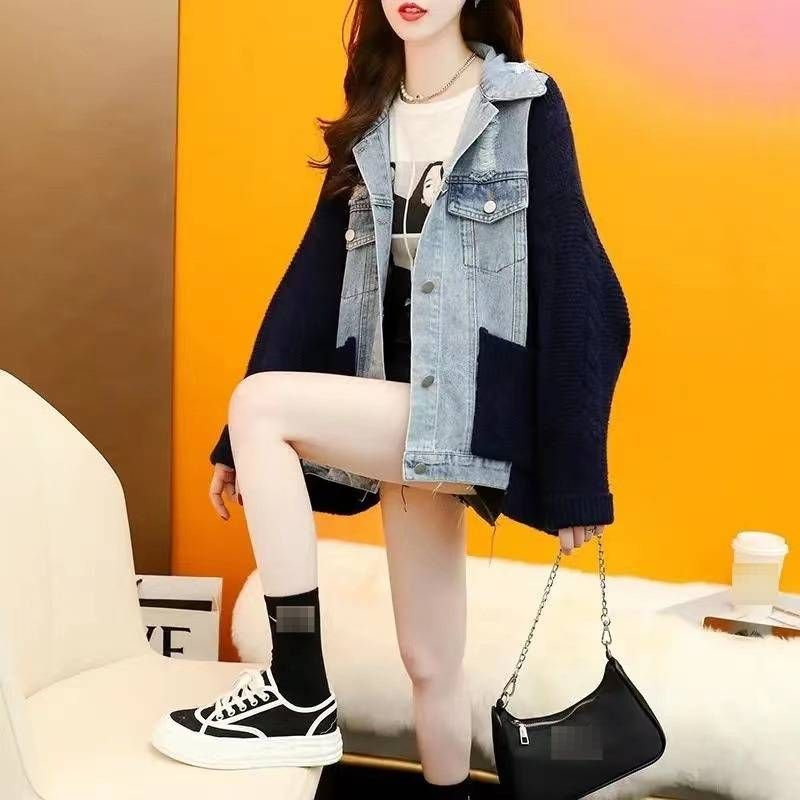 Cardigan ample en maille pour femme avec patchwork en denim – Pull décontracté à manches longues et col polo, couleur crème et noir (taille unique)_voghion.com