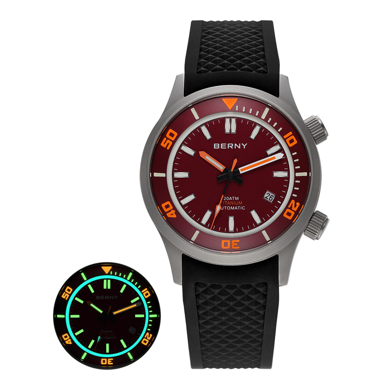 Orologi subacquei automatici BERNY da uomo, impermeabili fino a 20 ATM, in titanio, con data, cinturino in silicone super luminoso, vetro zaffiro, orologio meccanico analogico_voghion.com